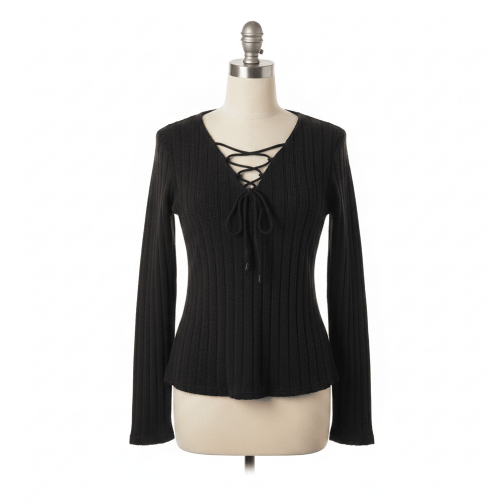 Black Lace-Up V-Neck Knit Sweater